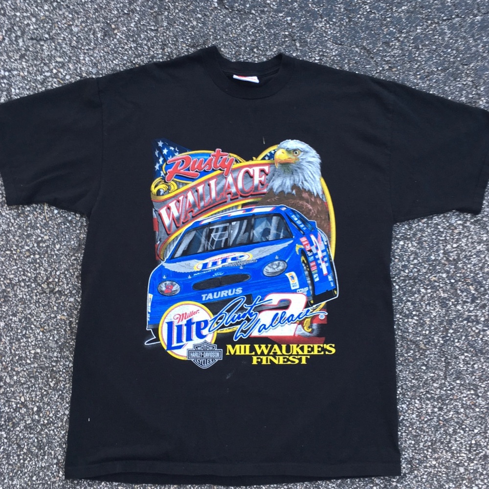 Vtg HarleyDavidson Rusty Wallace AllOverPrint Sz L